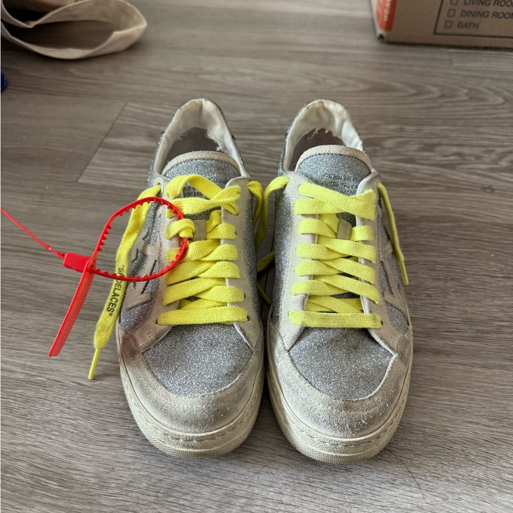 Off-White Silver Glitter Sneakers with Chunky Sole